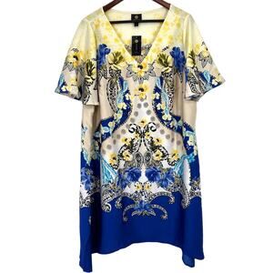 NEW NWT JM Collection Plus Size 2X Yellow Blue Paisley Dress Summer Tropical